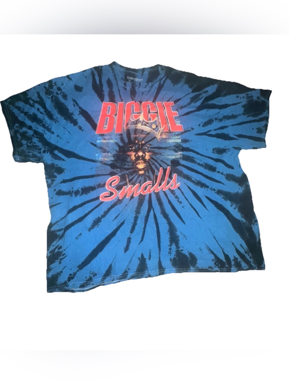 Biggie Smalls Blue Tie-Dye Graphic Kids Tee shirt is cut down the middle Xxl